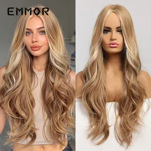 European and American Style Wig, Blonde Highlighted Middle Part Long Curly Hair Synthetic Wig for Women