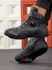 Men's Fashion High-Top Motorcycle Boots, Rotating Knob Closure, Breathable Anti-Slip Adjustable Fit, Casual Outdoor Wear, Durable Rubber Sole, Army Shoes