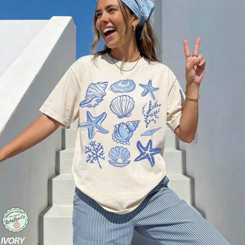 Comfort Colors Seashell TShirt, Beach T-Shirt, Womens Summer TShirt, Ocean Lover Gift, Sea Shell Tee, Cute Vacation TShirt, Travel Tee