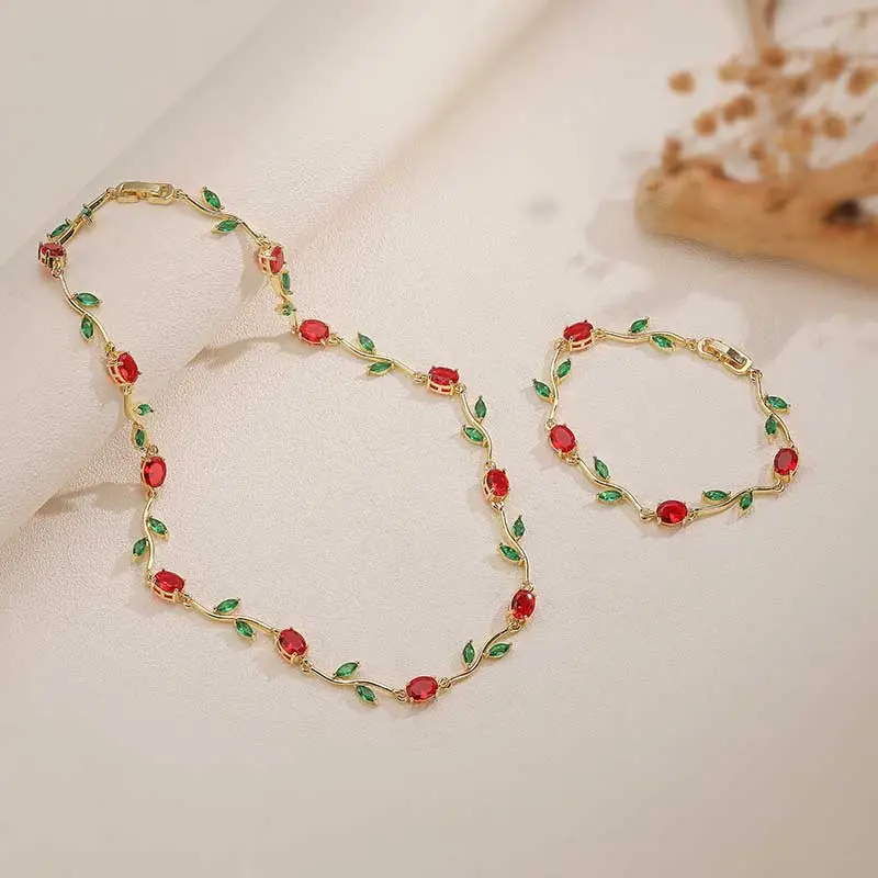 Loveden Colorful Tulip Rose Jewelry Set For Women Necklace & Bracelet Party Accessories Girl'Elegant Versatile Branch Leaf Flower Charm Fashion Jewelry Set Anniversary Gifts for Her LD.