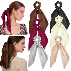 6 PCS Silk Bow Scrunchies, Cute Satin Hair Ties with Knotted Bows, Soft Non-Damaging Elastic Hair Bands for Women Girls, Elegant Hair Ribbons for Daily Use Gift