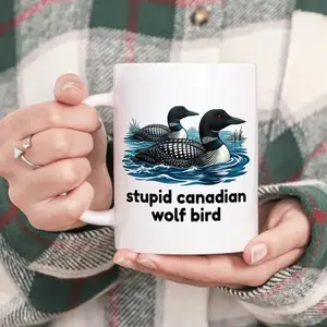Stupid Canadian Wolf Bird Accent Mug, Canadian Wildlife Humor Ceramic Cup, Heated Rivalry Loon Coffee Mug, Hockey Romance Gift