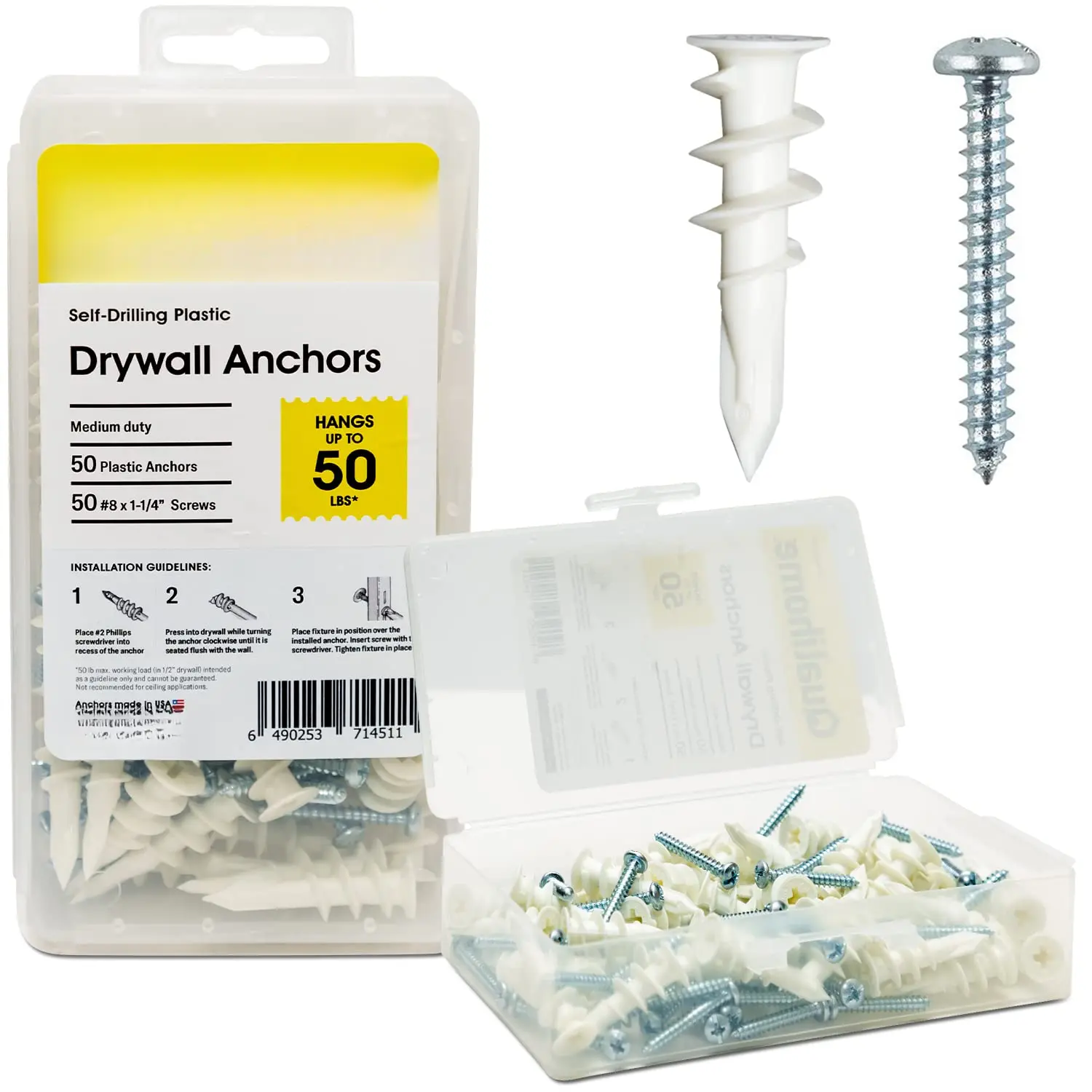 Heavy Duty Plastic Self Drilling Drywall Anchors and Screws Kit | Includes 50 Drywall Anchors, 50#8 1-1/4 Inch Screws &  Storage Case