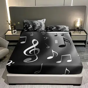3pcs Water Pattern Note Printed Bed Sheet Set, 1 Bed Sheet and 2 Pillowcases (excluding pillow core), made of polyester material, available in multiple sizes, suitable for bedrooms, dormitories, hotels, and gifts for friends, Bedsheet Sets