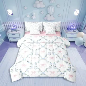 Feelyou Queen 7-Piece Kawaii Pink Ribbon Bow Bedding Set - Blue Flower Plaid Bowknot Bed-in-A-Bag with Plant Floral Leaves, Soft Blanket, Fluffy Bedding Set, Floral Print Blanket