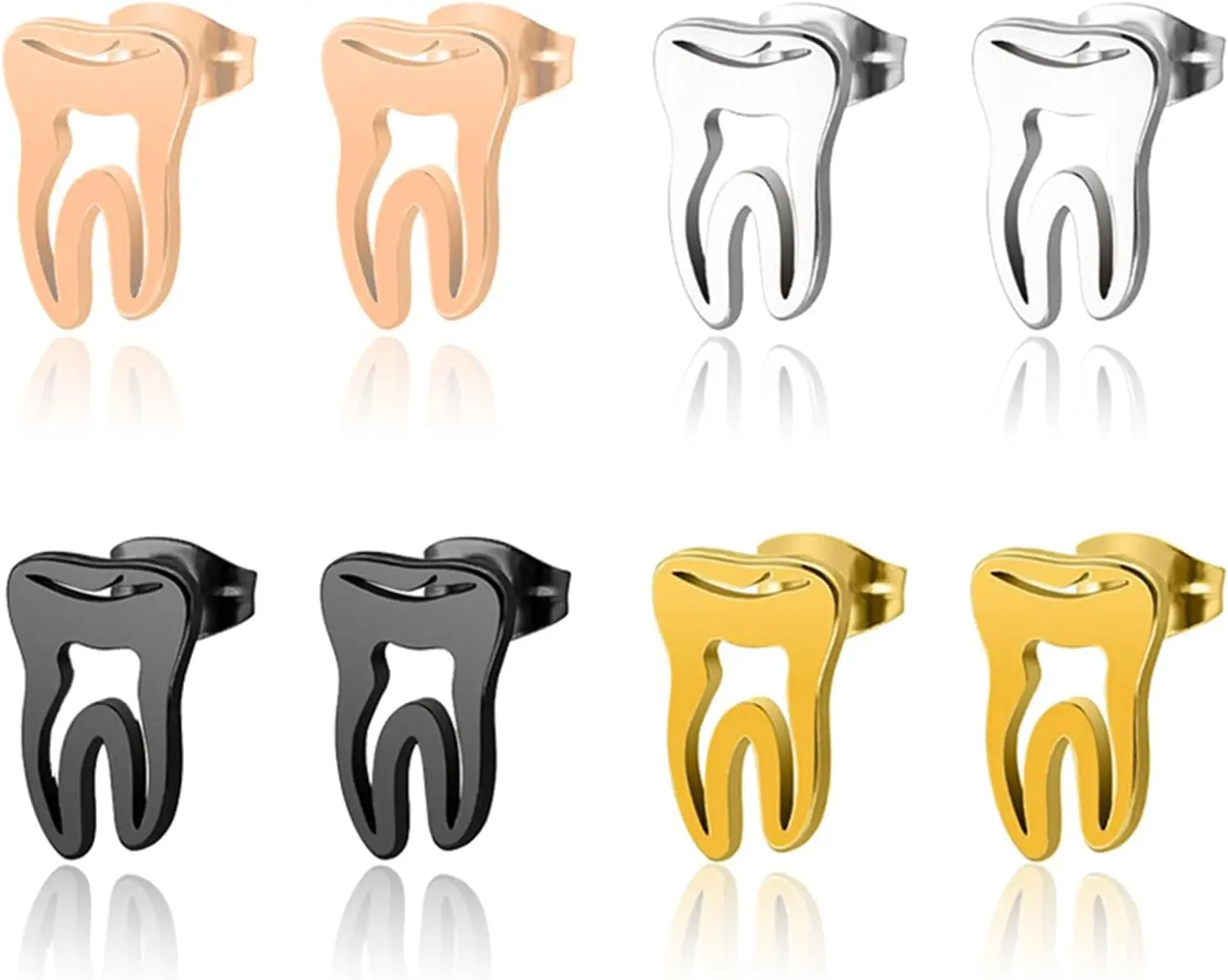 Women's 4-Pair Stainless Steel Tooth Stud Earrings Set, Creative Cute High-Polished Dental Earrings (Gold/Silver/Black), Unique Costume Jewelry Gift