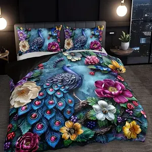 3-Piece Peacock Floral Bedding Set, Durable Fashionable Bedroom Essentials, Comfortable Night Sleep, Ideal Gift for Any Occasion, Bed Sets