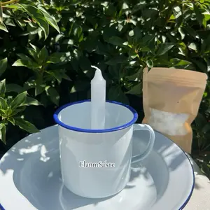 FlanmSakre White Enamel Ritual Cup & Plate Set with Candle Natural Seeded Cotton for Spiritual Practices 10 cm Cup 26 cm Plate