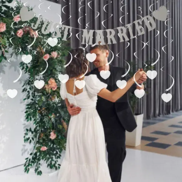 13 Pcs Wedding Decorations Set Include Just Married Garland and 12 Heart Hanging Streamers White Foil Spiral Ceiling Pendent Just Married Photo Banner for Wedding Bridal Shower Party Decoration