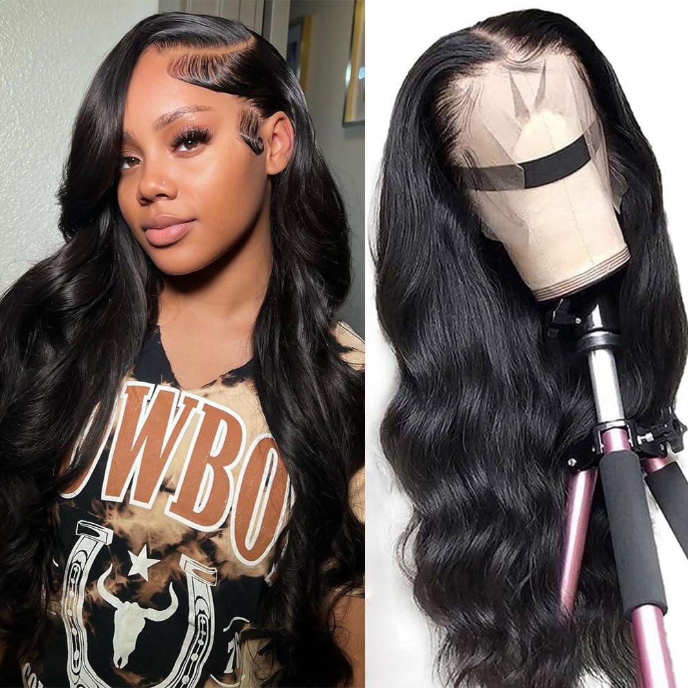 Mylockme Hair 13x4 Body Wave Lace Front Wigs Human Hair Pre Plucked HD Transparent 13x6 Lace Frontal Wig 180% Density Brazilian Virgin Human Hair Lace Front Wigs for Women Natural Black Color