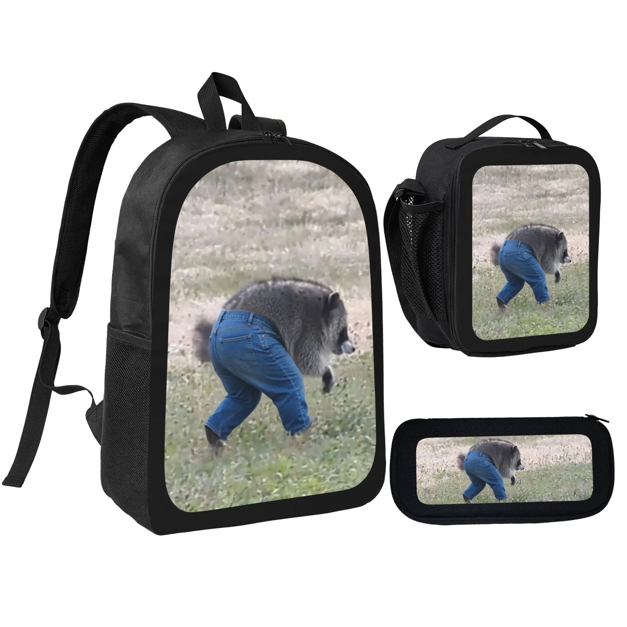 Jimothy the Raccoon 3-in-1 School Backpack Set, Lightweight Casual Daypack with Insulated Lunch Box & Pencil Case, Back to School Essentials for Middle and High School Boys Girls