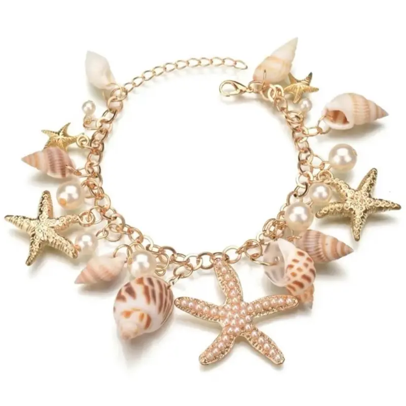 Shell Charm Bracelet Gold - Elegant Design with Shell Charm and Gold Starfish Seashell Finish Shell Charm Bracelet Gold - Elegant Design with Shell Charm and Gold Starfish Seashell Finish