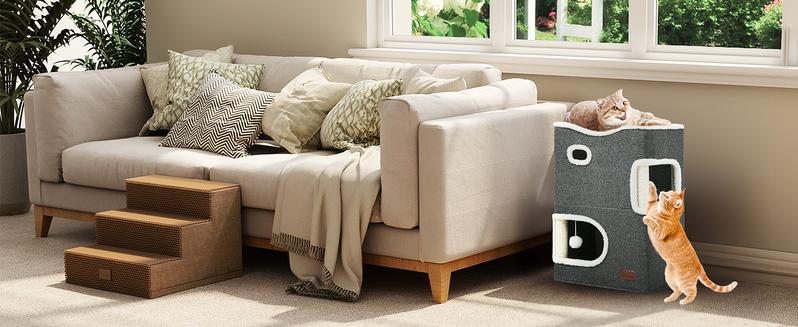 YITAHOME 2 Storey Cat House, Cat Beds for Indoor Cats, Small Condo with Scratch Post and Hideaway Cave, Modern Cat Cube Playhouse for Kittens, Grey