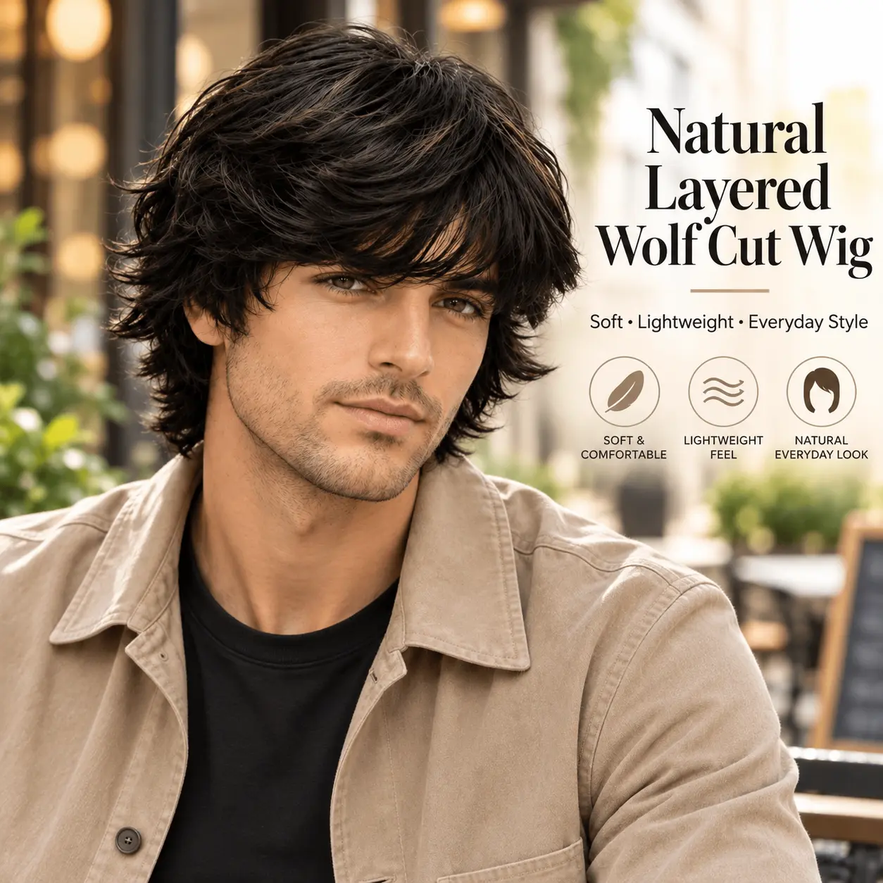 Men’s Black Wolf Cut Wig, Medium-Length Layered Shaggy Mullet Wig with Bangs, Natural-Looking Synthetic Hair Wig for Daily Wear, Cosplay, Halloween & Party