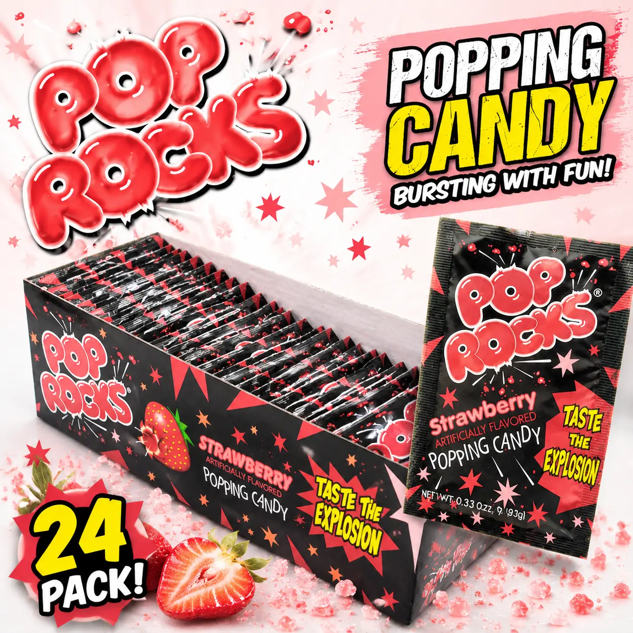 Pop Rocks Strawberry Popping Candy 24 Count  Fizzy Candy Crystals | Classic Crackling Candy Treats for Parties, Gifts & Fun Snacks