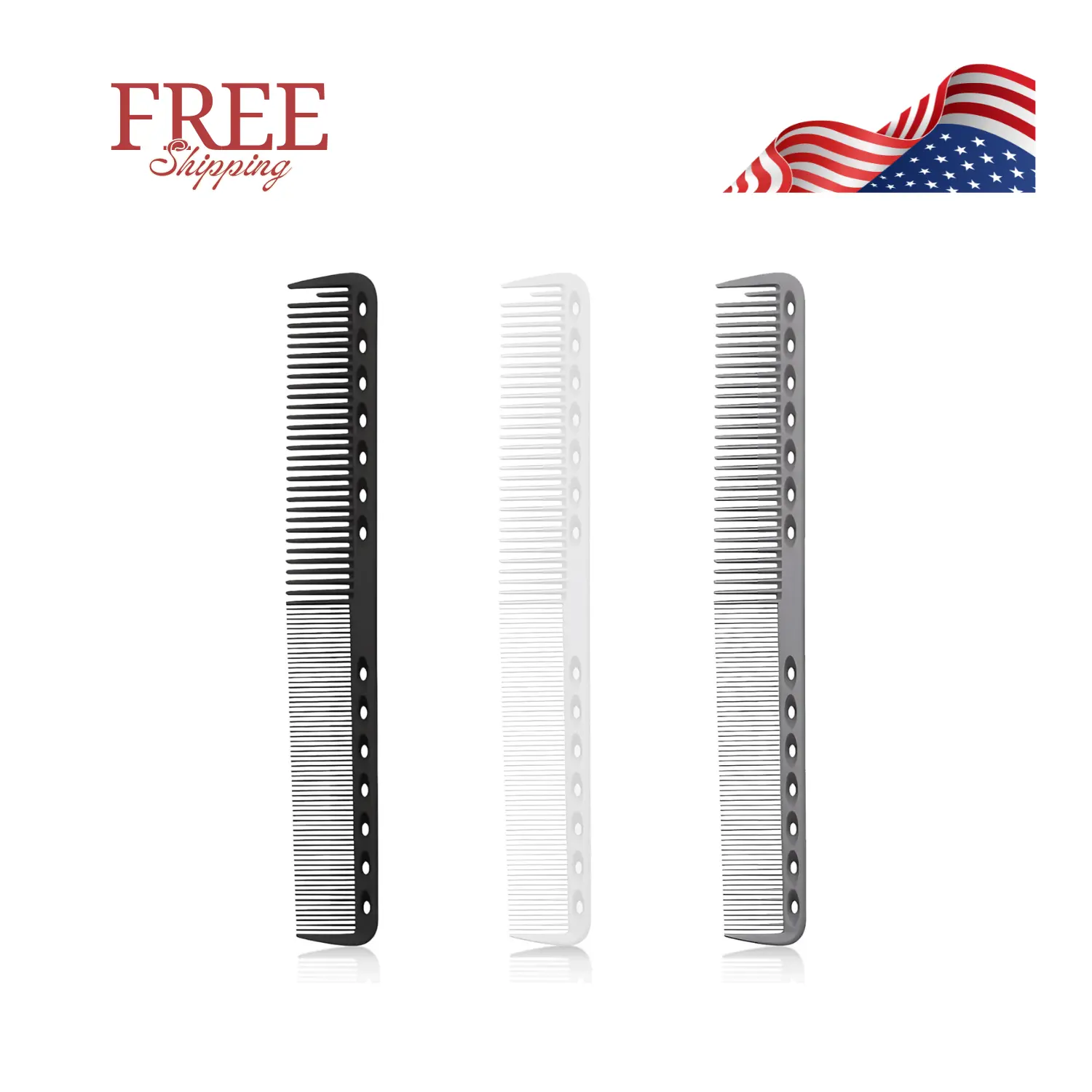 3-Piece Carbon Fiber Salon Hairdressing Comb Set - Fine Cutting - Heat Resistant - Black, Grey, White