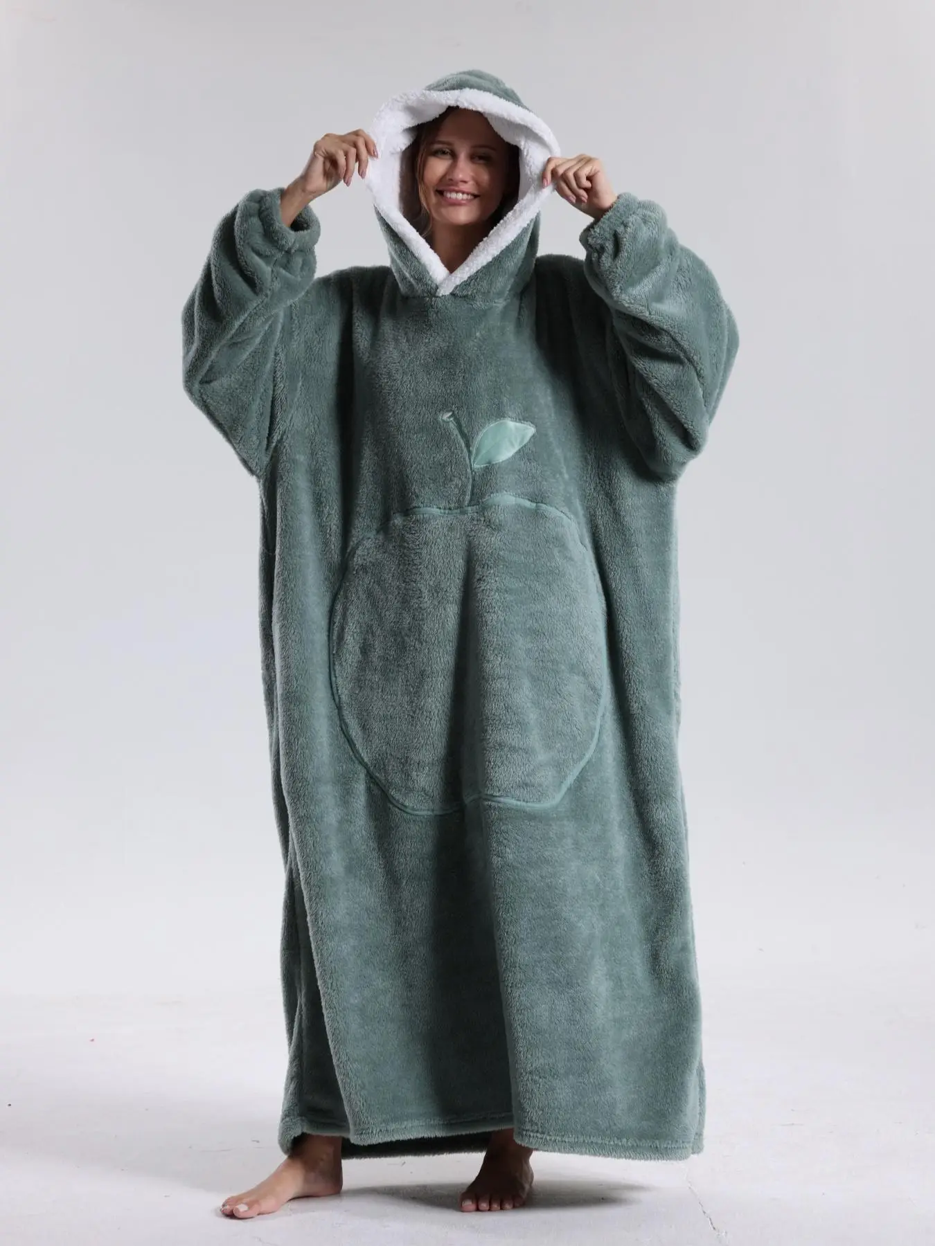 Women's Cute Fruit Design Drop Shoulder Hooded Loungewear, Casual Long Sleeve Comfortable Loungewear for Fall & Winter, Lady's Sleepwear for Indoor We