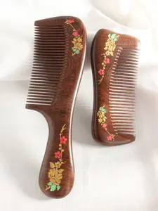 1pc Hand-Painted Sandalwood Comb, Lady's Fine-Tooth Anti-Static Comb For Home Use Hair Brush