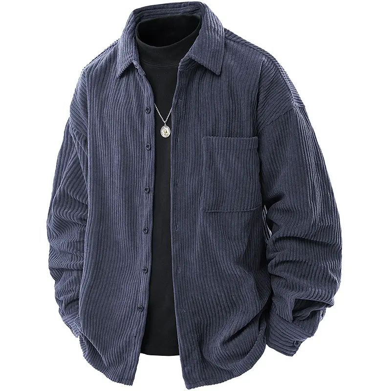 Men's Shirt Jacket in Heavyweight Striped Corduroy, Casual Collared Long-Sleeve Button Up with Chest Pocket, M, Collared Long-Sleeve Casual Shirts, New Year, Retro, Casual Wear, Patch Pocket
