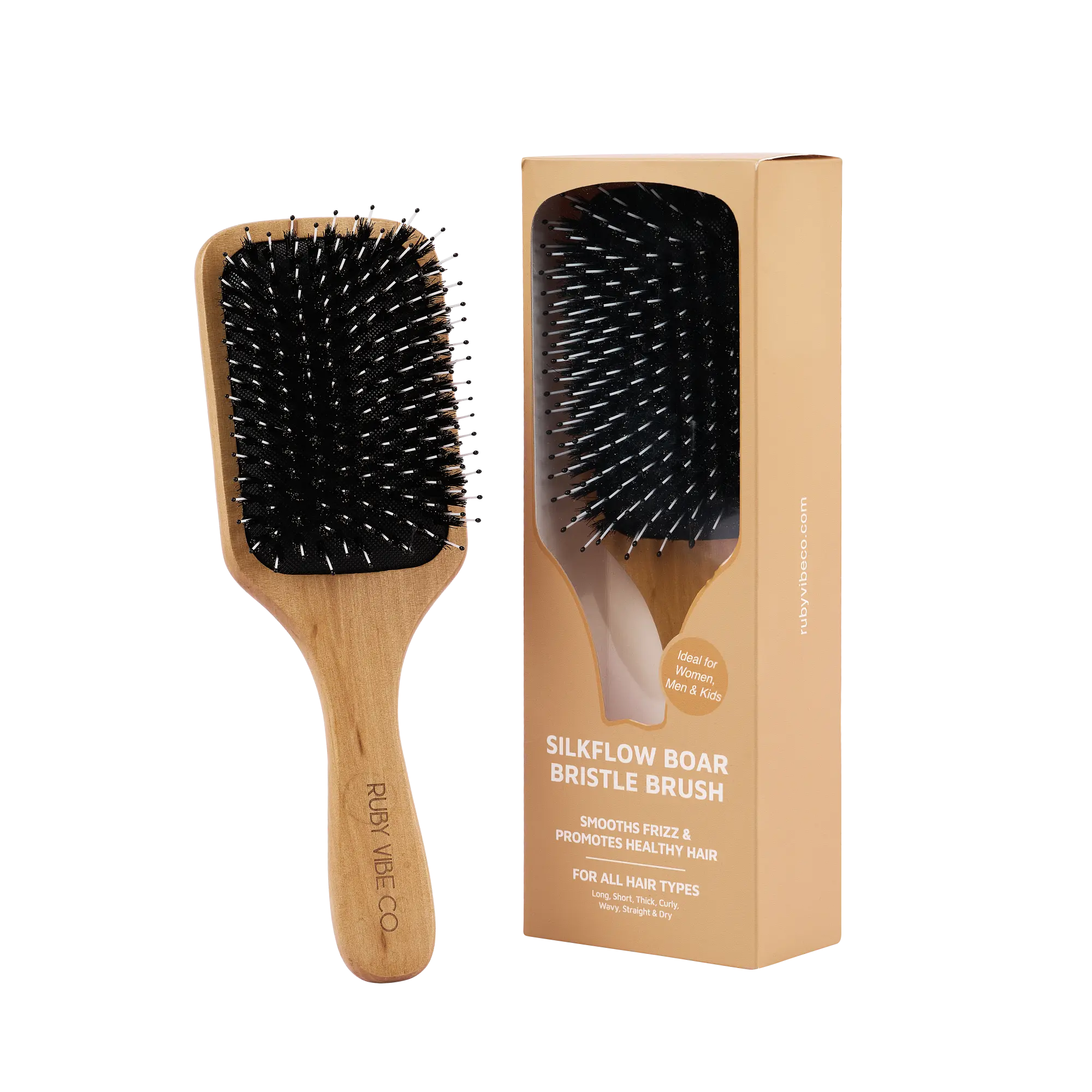 [RUBY VIBE CO] SilkFlow Boar Bristle Hair Brush with Bamboo Handle, Frizz Control, Gentle Detangling, for All Hair Types
