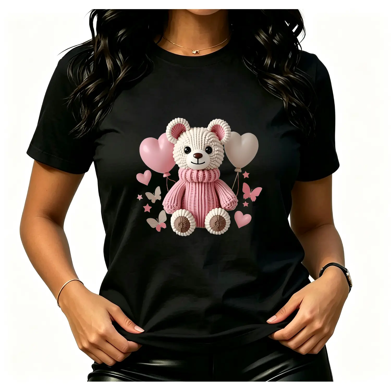 Cotton T-shirt with Cute Teddy Bear and Balloon Print Short Sleeve Round Neck Casual Top Lightweight and Stretchy for Daily Wear Girly Style Comfortable Fit