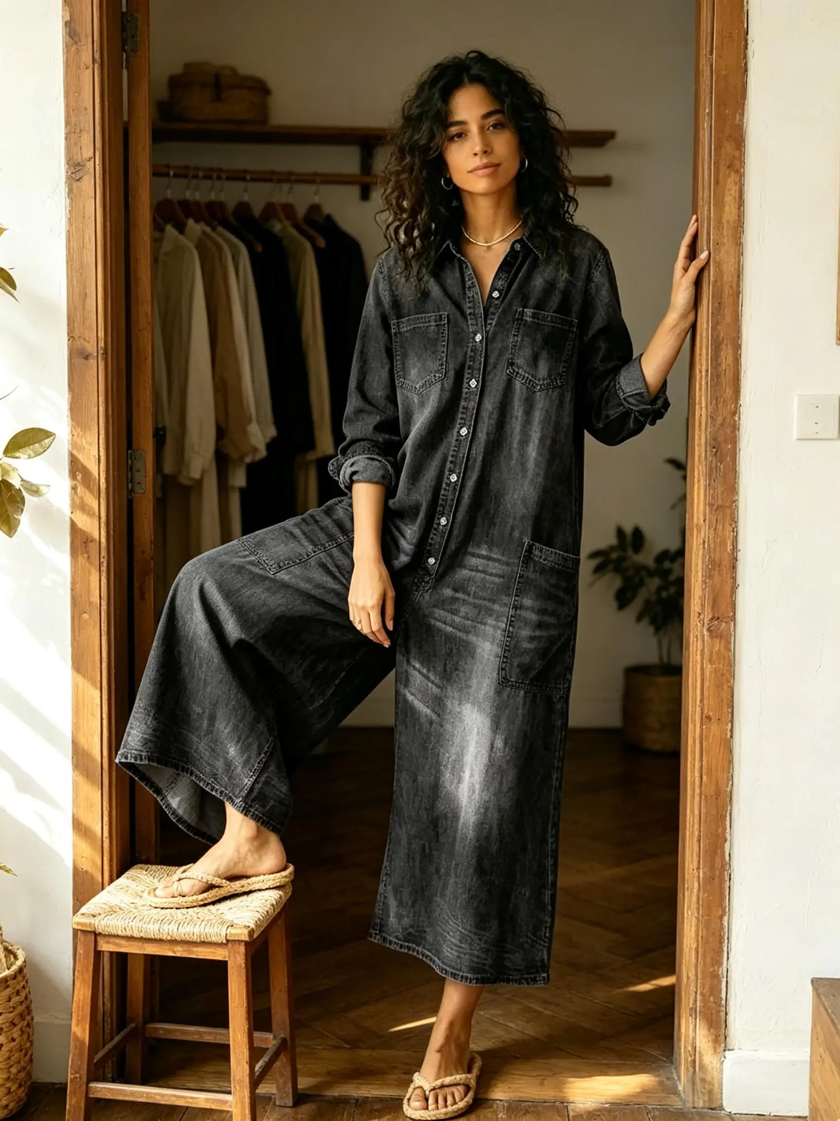 Womens Oversized Denim Jumpsuit Vintage Washed Black Wide Leg Boiler Suit Long Sleeve Button Up Coverall Lapel Collar Casual Utility Romper Baggy Streetwear Travel Outfit Summer Fall 2026 Fashion Trend Must-Have