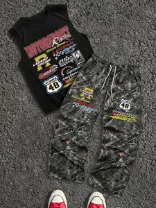 Two-Piece Set Men's Car & Plants Print Tank Top & Camo Print Pants, Loose Street Fashion Casual Sleeveless Top & Pants for Daily Wear, Men Two-piece for Summer