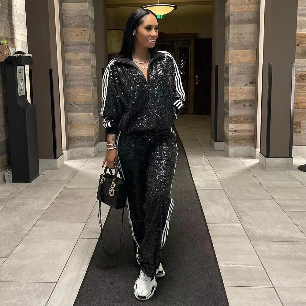 Black & Silver Polyester Women's Street Hipster Sequin Suit w/ Long Sleeves