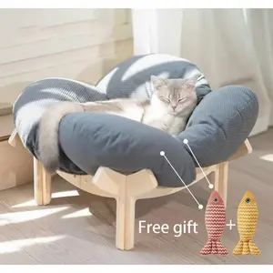 Elevated Flower Cat Bed，Wooden with Cushion， Fluffy Pet Couch Sofa for Indoor Cats and Dogs， Raised Kitty Lounge Chair， Suitable for Puppy, Cat Furniture(Large)