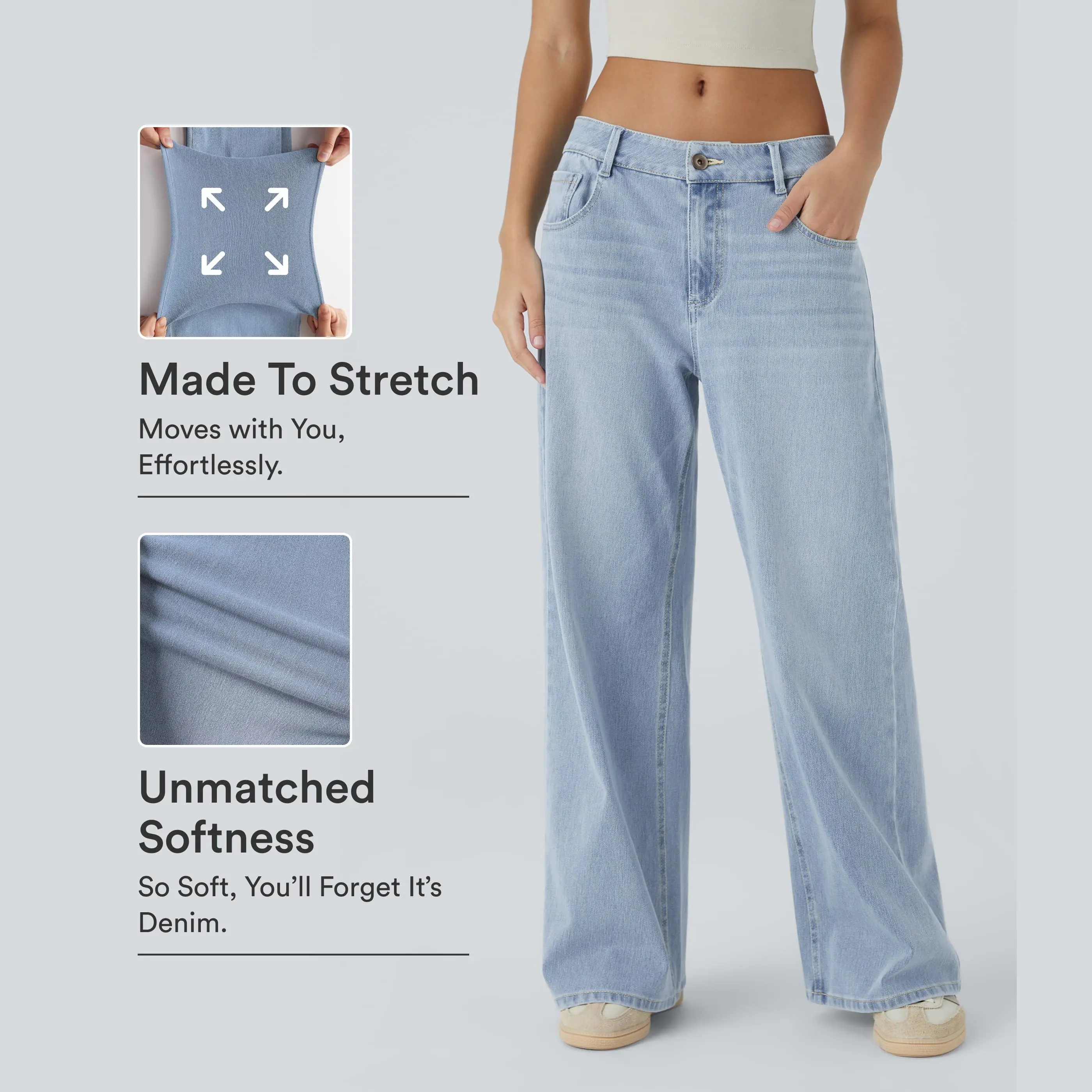 Halara Flex Low Rise Zipper Pockets Washed Baggy Wide Leg Casual Jeans Halara Flex Low Rise Zipper Pockets Washed Baggy Wide Leg Casual Jeans