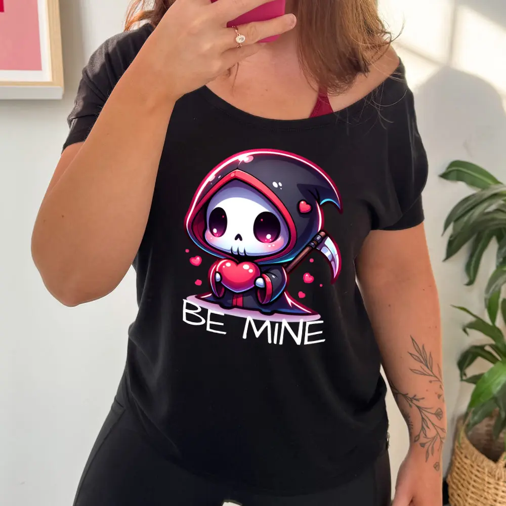C V G Women's Slouchy T-Shirt, Casual Be Mine Grim Reaper Graphic Top with Short Sleeves, Soft Off-Shoulder Viscose Fabric