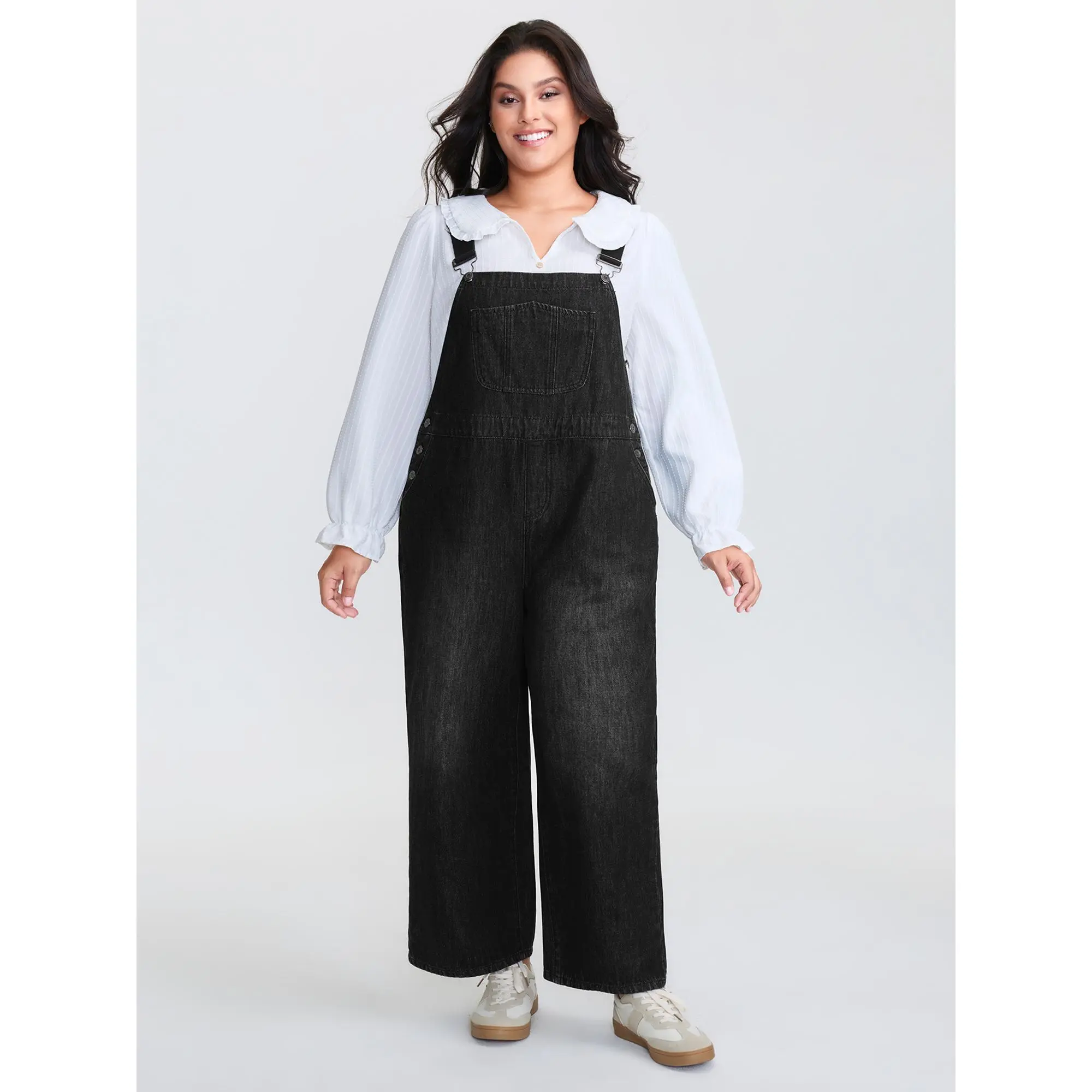 BLOOMCHIC Women's Plus Size Casual Denim Bib Overalls Garment - Adjustable Straps, Cotton-Polyester Blend Fabric, Relaxed Baggy Wide-Leg Fit, Pockets, False Placket, M-6X Sizes, Summer 2026, Cold Wash Only, Do Not Tumble Dry, Low Iron