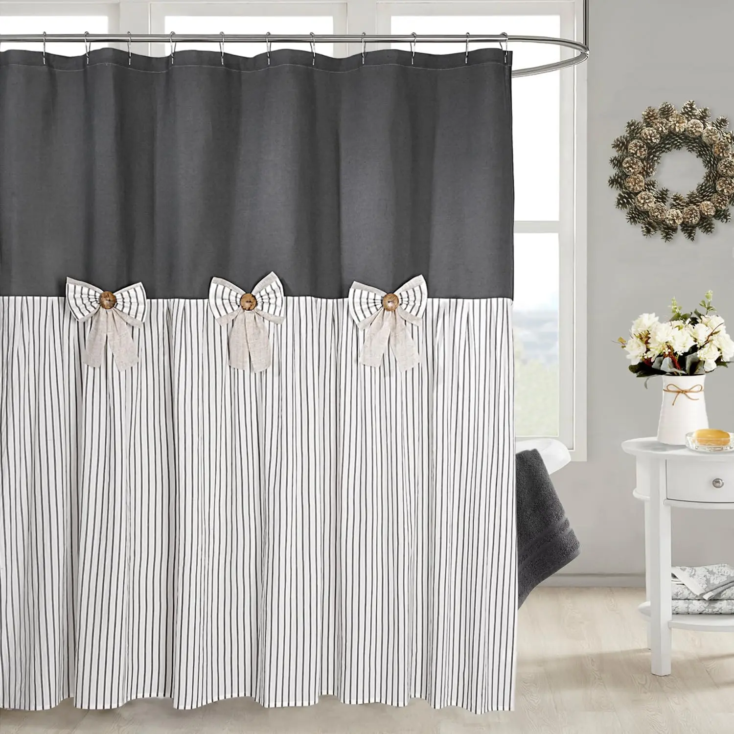 Farmhouse Grey Pleated Stripe Cotton-Blend Country Shower Curtain with Bowknot, Rustic Iron-Wooden Hooks, Wooden Buttons, Reinforced Top, 72x78 in, Yarn Dyed Weave, Easy Installation, Bathroom Use, Farmhouse Shower Curtains For Bathroom, Gray Shower Curta