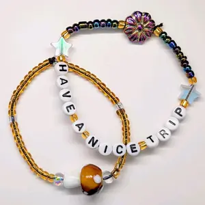 Handmade Kandi Bracelet Set with 'Have a Nice Trip' Beads and Star Charm for Travelers Trendy Stack Bangle