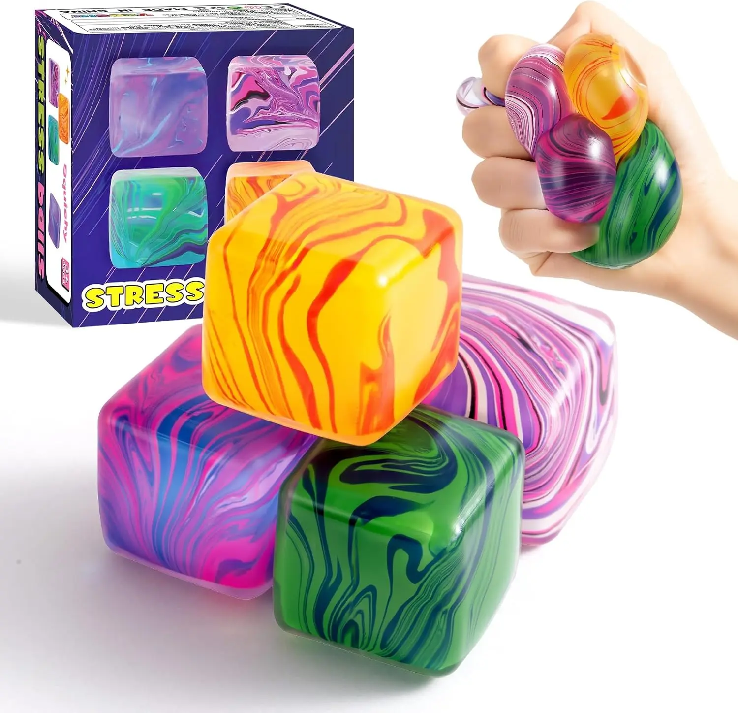 4 Pack Squishy Fidget Toys, Slow Rising Stress Cubes and Squeeze Balls for Kids and Adults, Soft Sensory Toys for Relaxation, Classroom Prize Box, Party Favors, Goodie Bags, Gifts and Desk Use