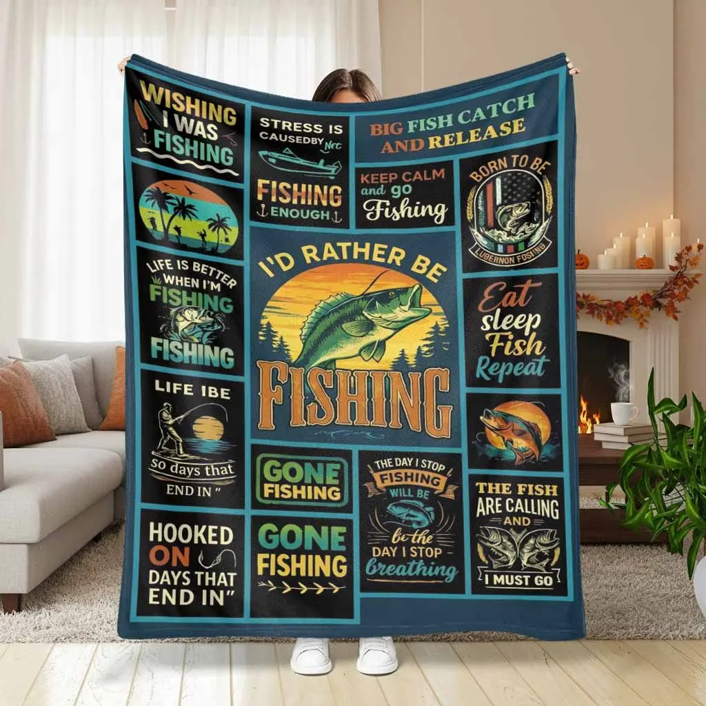Fishing Themed Flannel Blanket Vintage Bass Angler Print Ultra Soft Cozy Lightweight Warm Throw Bedroom Living Room Sofa Dad Husband Fisherman Gift Camping Travel Bedding Decor summerwins, Summervibes, dealsforyou, midyearsale, restock, dealsforyoudays