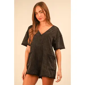 Mineral washed oversized casual knit romper