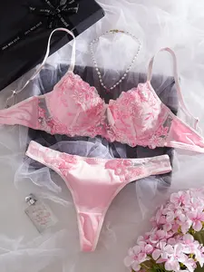 Women's Sexy Embroidered Floral Lace Push-Up Bra Set, Steel Ring Design, Seductive Underwear Sets, Lingerie, Comfortable, Fitted and Stylish Piece