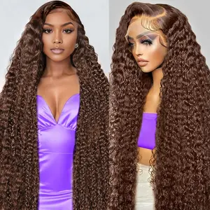 VRbest 30 Inch Chocolate Brown Deep Wave Lace Front Wigs Human Hair 180 Density 13x6 HD Lace Frontal Wigs Wet and Wavy Curly Brown Color Human Hair Glueless Wig For Women Pre Plucked