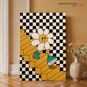 Checkerboard Daisy Canvas Wall Art, Smiley Flower Pop Art Print, Funky 3D Staircase Illustration, Dopamine Decor for Living Room Bedroom