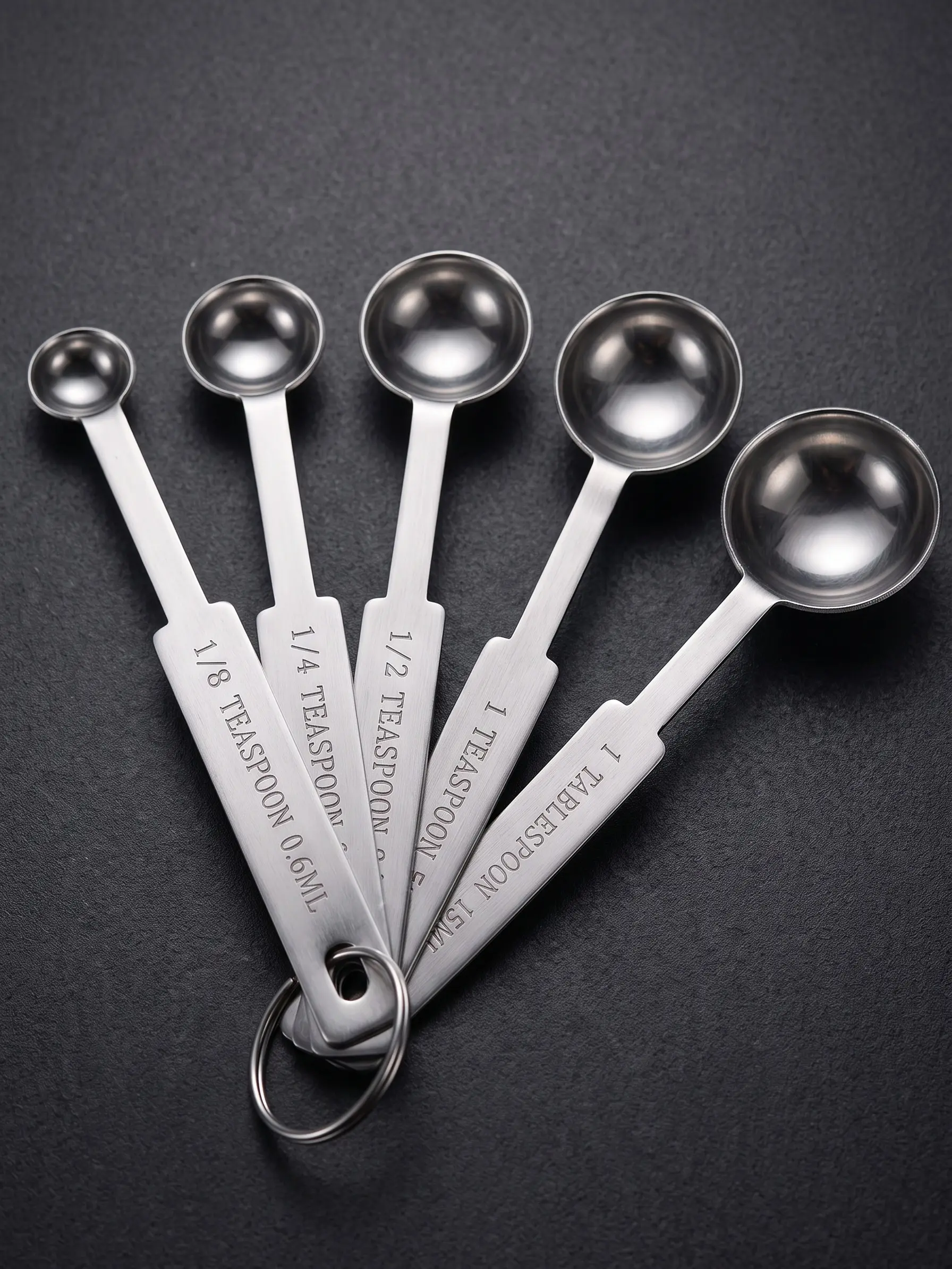 5-Piece Stainless Steel Measuring Spoons Set with Handles, Distinct Markings & Multiple Sizes (1/8 tsp to 1 tbsp) - Accurate Spice Utensils for Kitchen Cooking, Baking