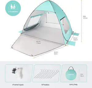 UPF 50+ Pop Up Beach Tent, Easy Set Up Beach Umbrella, Sun Shelter for 2-3 People UV Protection Portable Sunshade, Baby Canopy Cabana, Lightweight with Carry Bag