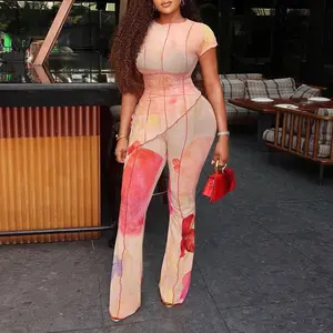 ChicMe Women's 2 Piece Mesh Set Artistic Floral Print Short Sleeve Asymmetric Top and High Waisted Flare Pants Set Casual Breathable