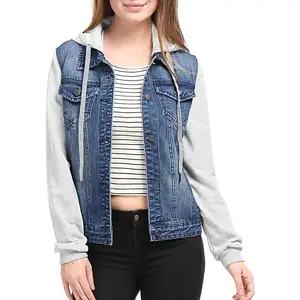 Women's Jean Jackets Layered Drawstring Hood Denim Jacket with Pockets