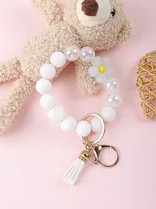 Cute Bohemian Style Silicone Beaded Bracelet Keychain, Daisy Pattern and Tassel Design, Fashionable Handcuff Keychain for Women and Teachers, Floral Pattern Keychain