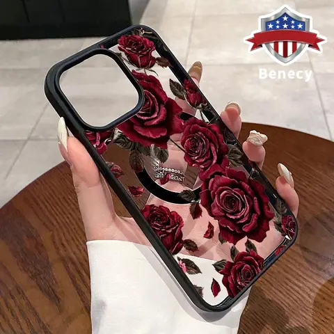 MagSafe Magnetic TPU Anti-Drop Smartphone Casing - Multi-Model for iPhone 16 Pro Max,15 Plus,14,13,12,11,XR,X,XS, Velvet Rose Acrylic Transparent, Durable, Full Coverage, Wireless Charging Support, Girl Gift Phone Accessories
