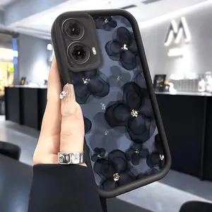 Black Flower Pattern TPU Phone Case suitable for Motorola Moto G85 G84 G75 G60 G54 G53 G50 G35 5G Protective Shockproof Full Camera Protection Durable Slim Cover Smartphone Casing Accessories