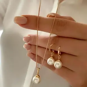 Elegant 3PCs faux pearl jewelry set for women-copper earrings & necklace, perfect for dates, vacations, parties, and Everyday Chic