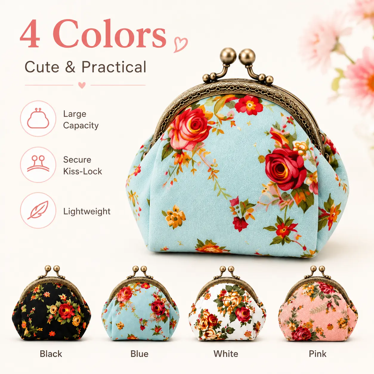 CCidea Women's Handmade Floral Kisslock Wallet, Cute Coin Purse for Cash, Cards, Keys and Jewelry