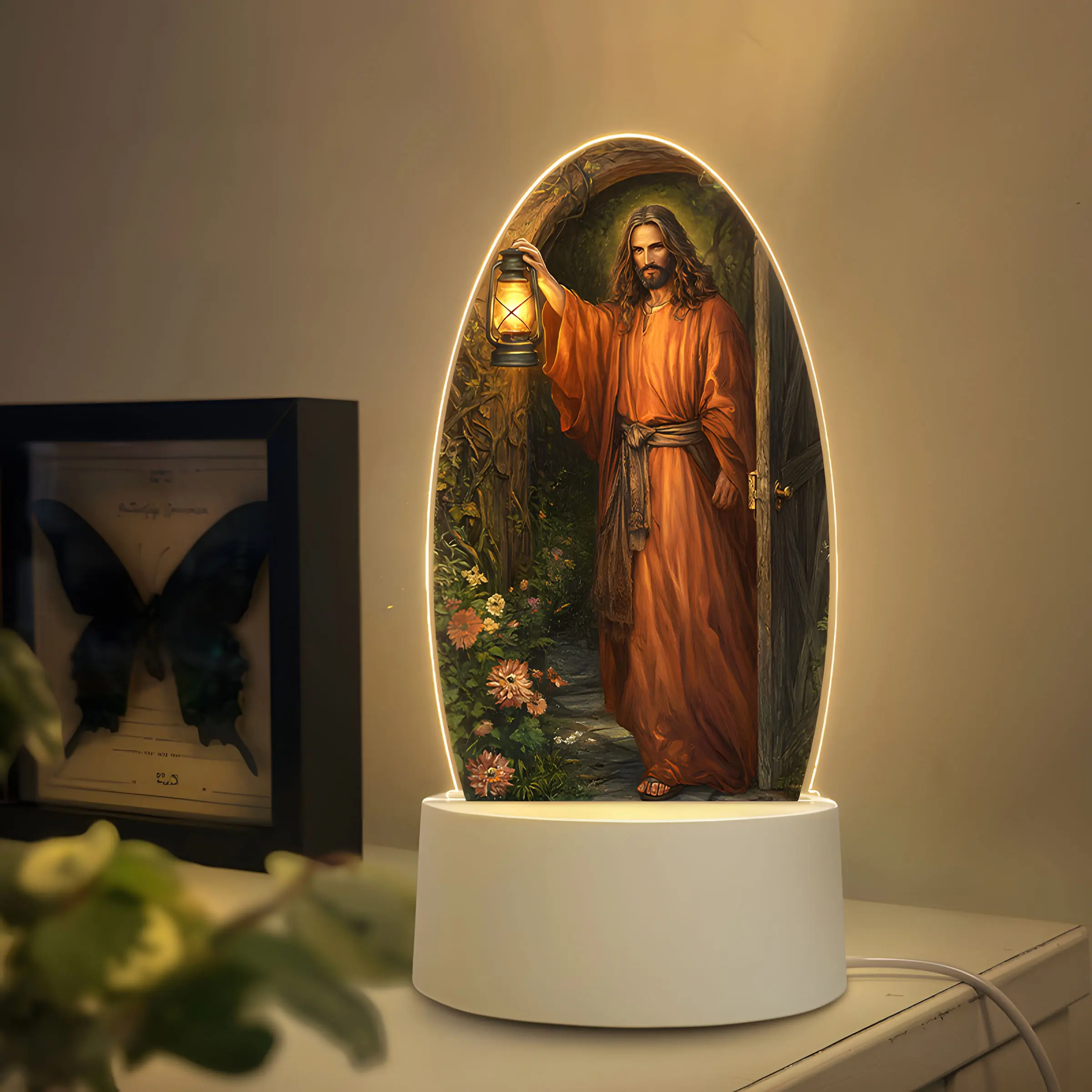 Christian Decorative Night Light USB Powered Acrylic Round Lamp, Christ Holding Light Home Decor, Relaxing Rest Spot for Bedroom Kitchen Living Room